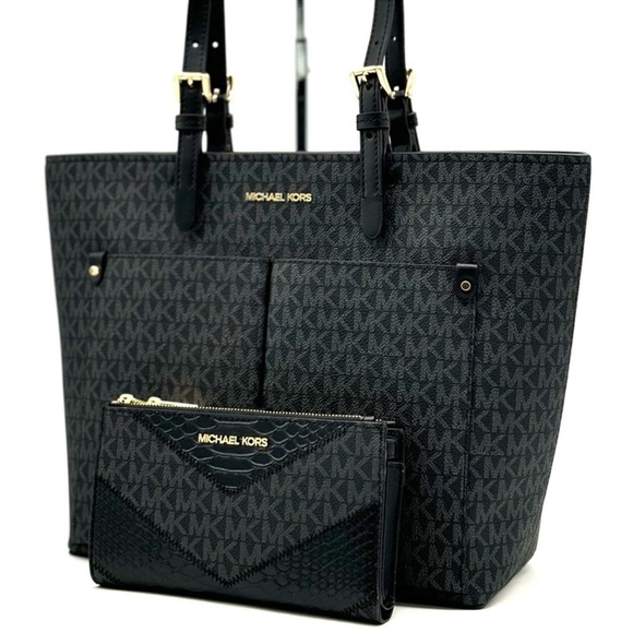 Michael Kors Jet Set Medium Pocket Tote Bag & Double Zip Wallet Black Multi - Picture 2 of 13